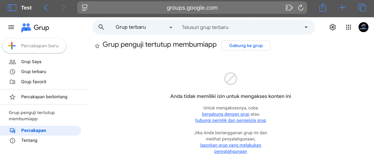 Halaman Google Group "Grup penguji tertutup membumiapp" dengan tombol Gabung ke grup di kanan atas