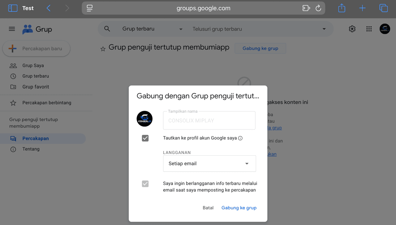 Dialog Gabung dengan Grup penguji tertutup berisi kolom nama tampilan dan pilihan langganan email