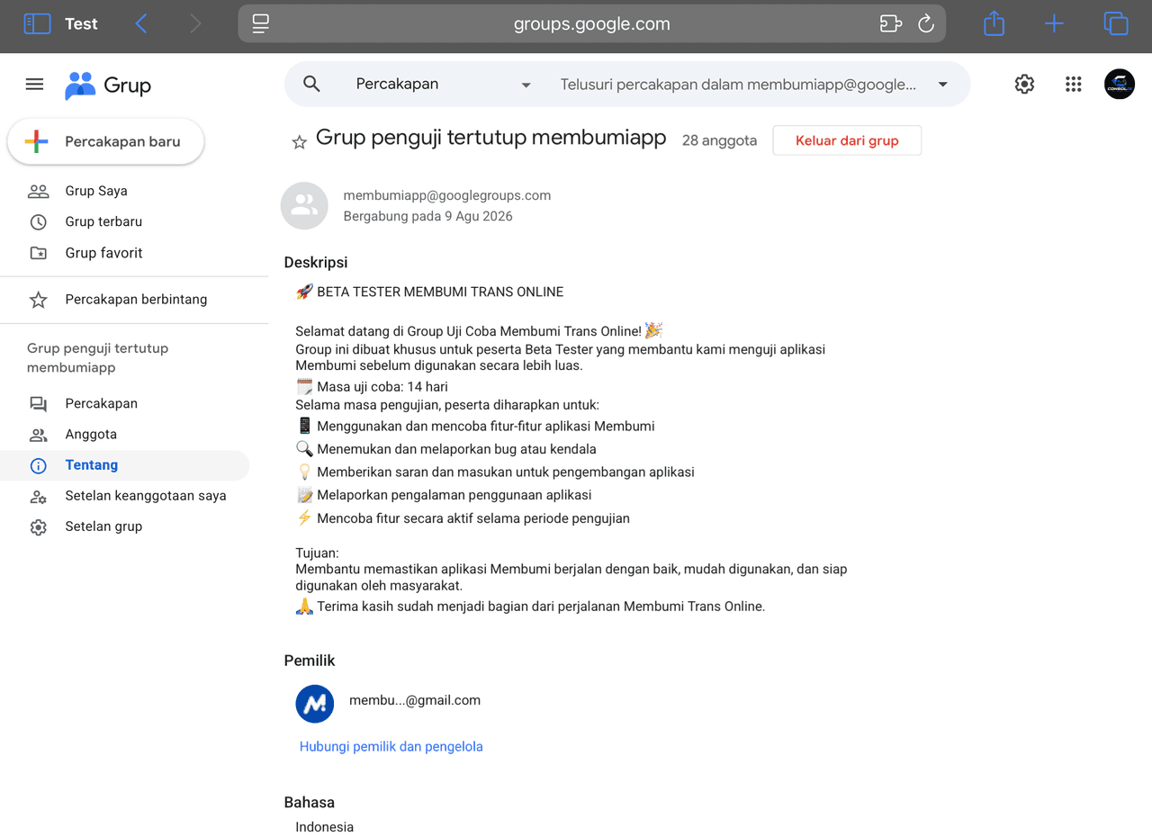 Halaman Tentang grup setelah berhasil bergabung, menampilkan tombol "Keluar dari grup" dan deskripsi program beta tester