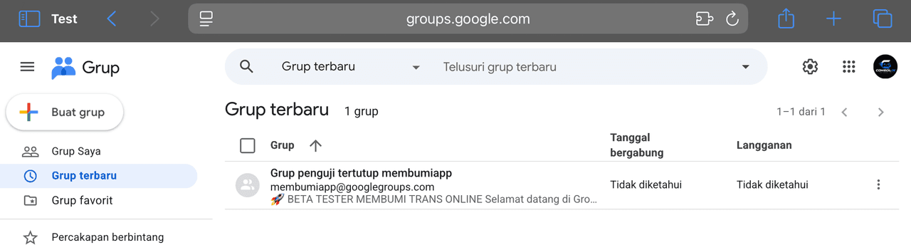 Daftar Grup terbaru yang menampilkan Grup penguji tertutup membumiapp