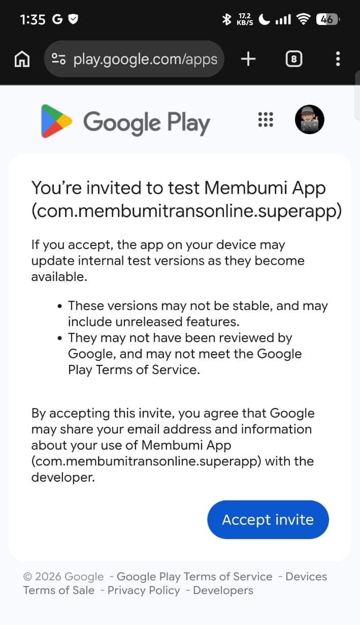 Halaman Google Play berisi undangan menguji Membumi App dengan tombol Accept invite