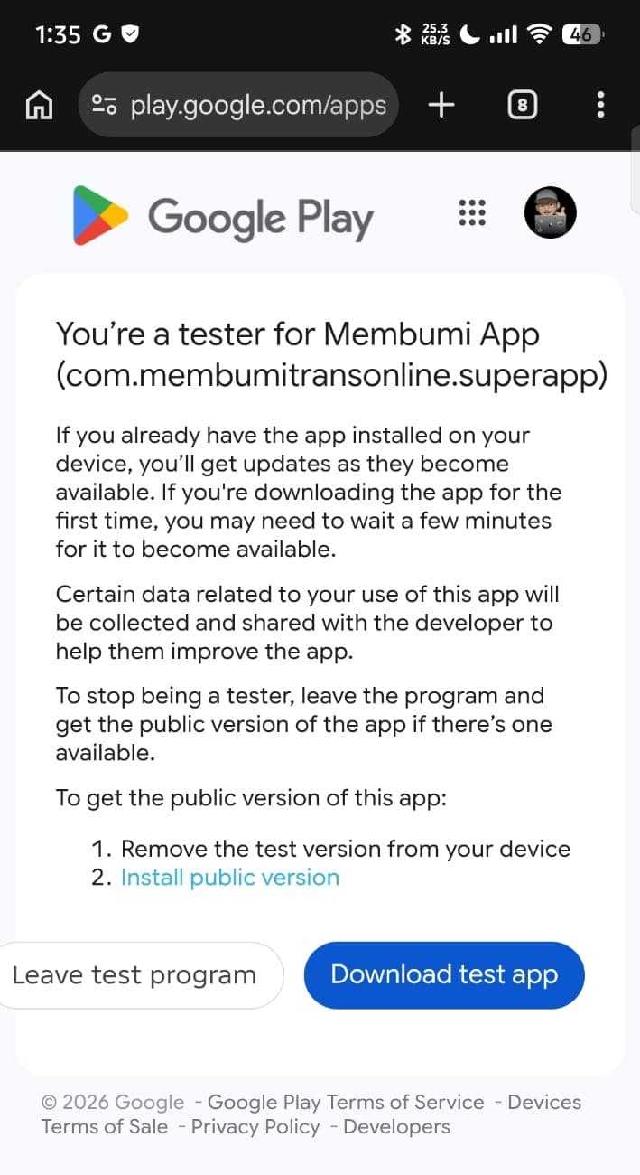Halaman Google Play bertuliskan "You're a tester" dengan tombol Download test app