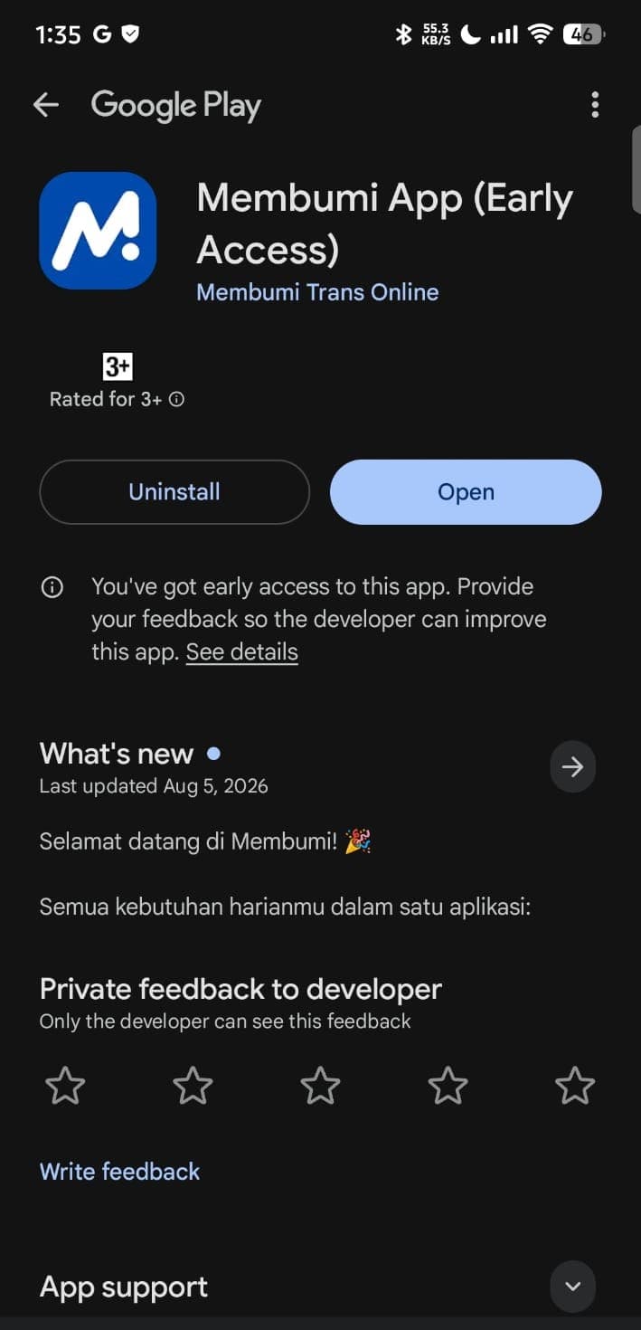Halaman Play Store Membumi App (Early Access) dengan keterangan early access dan kolom feedback